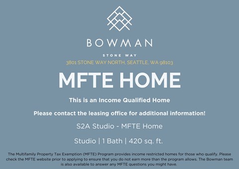 An advertisement for a MFTE home located at 3801 Stone Way North Seattle, WA 98103.
